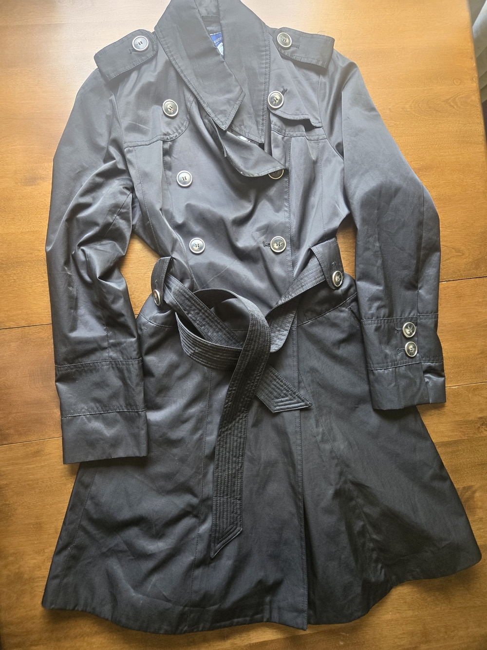 Women's Black Double-Breasted Trench Coat with Waist Tie